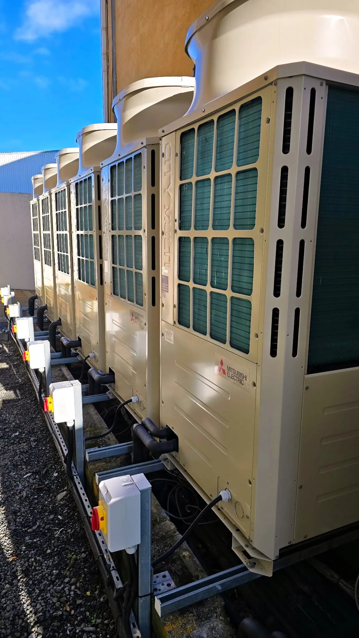 Mitsubishi VRF modules in a row on a steel frame